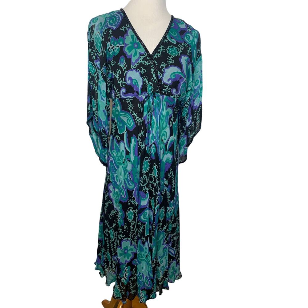 Vintage Eva Blue Beaded Green Blue Midi Dress Flowy Small